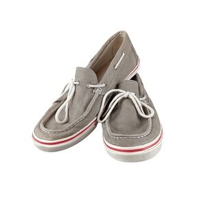 Timberland Men Gray Canvas Boat Shoes Lace Up Red Stripe Size 10.5 M